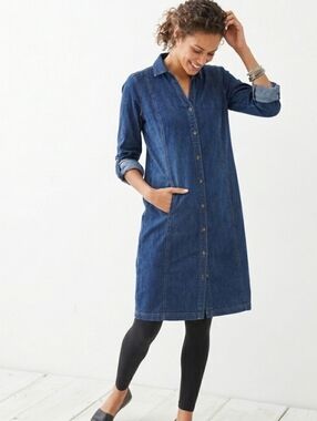 J.jill Denim Long Sleeve Roll Tab Full Button Up Blue Denim Dress Large Petite